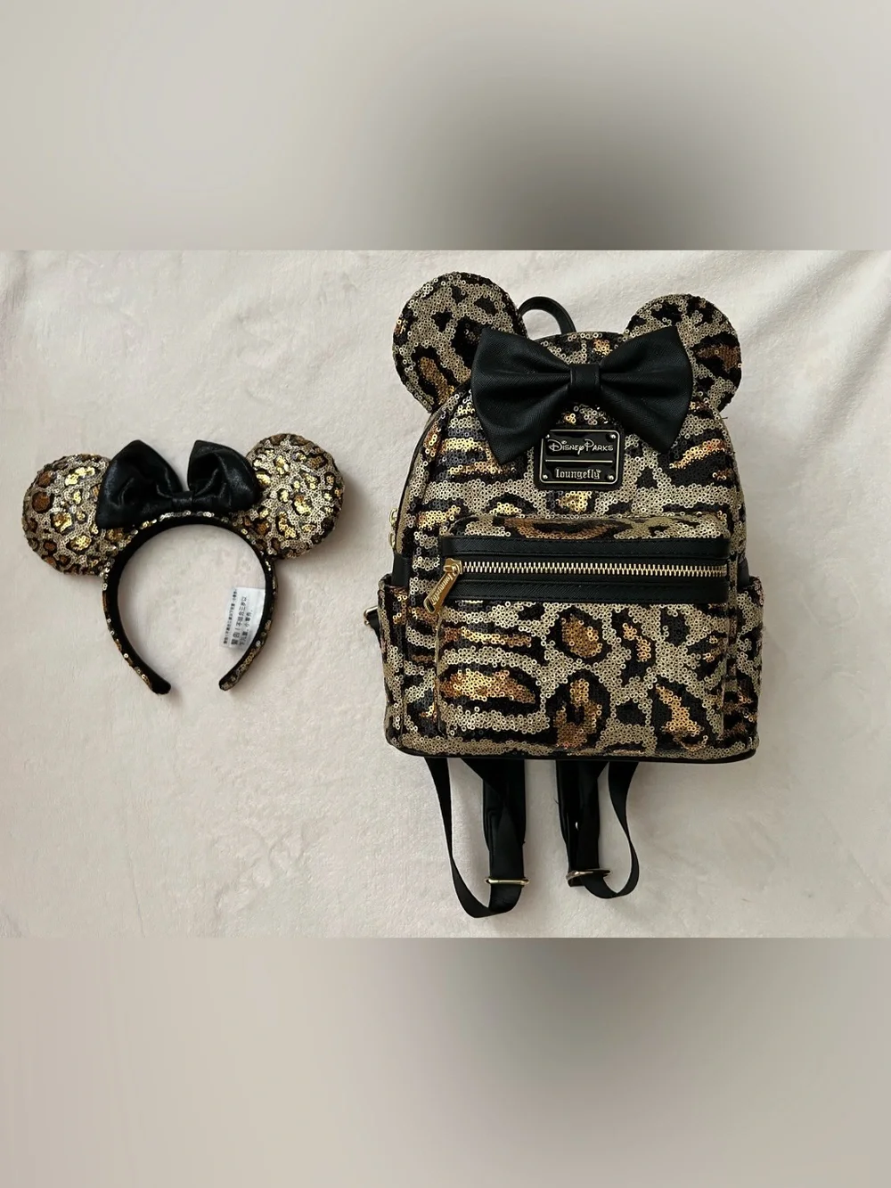RARE Disney Loungefly Leopard Sequin Mickey Mini Backpack with Ears Headband Set
